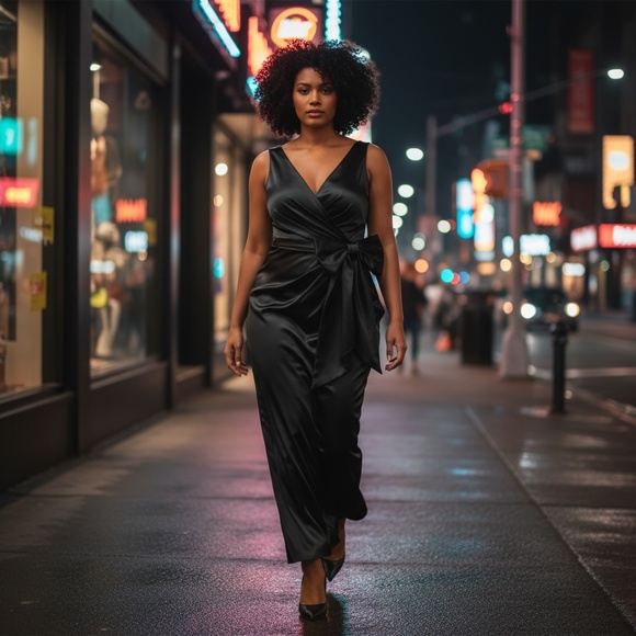 Miss Veil Black V-Neck Satin Black Tie Gala Gown Removable Bow w/ Pockets Sz 10 - Picture 1 of 13